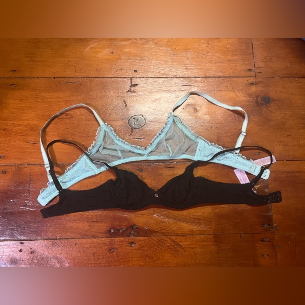 Savage X Fenty bra set black light blue NWOT 32B sparkle diamond black mesh